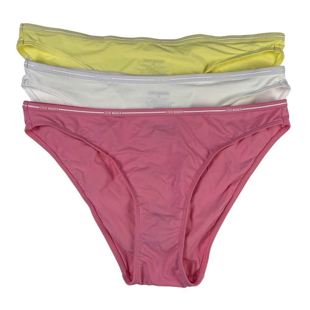 NWOT Steve Madden Panties Women M Pink Yellow White Bikini Logo Waistband 3pk